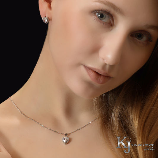 925 Sterling Silver Heart Halo Jewelry Set – Sparkling Heart-Cut Zirconia Solitaire Necklace and Matching Stud Earrings Set