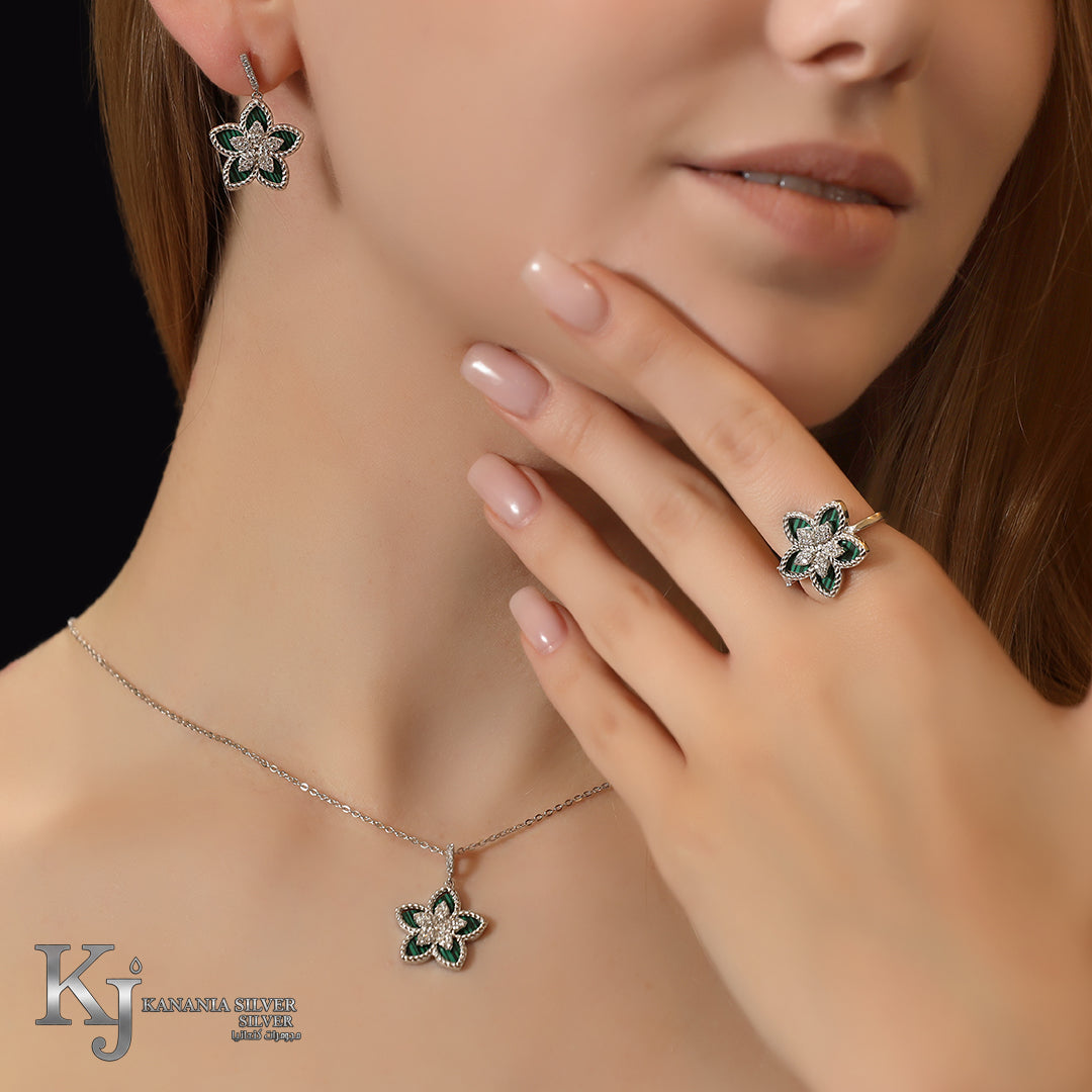 925 Sterling Silver Green Malachite Princess Flower Jewelry Set – Sparkling Zirconia Pavé Luxury Necklace, Earrings, and Ring Complete Set
