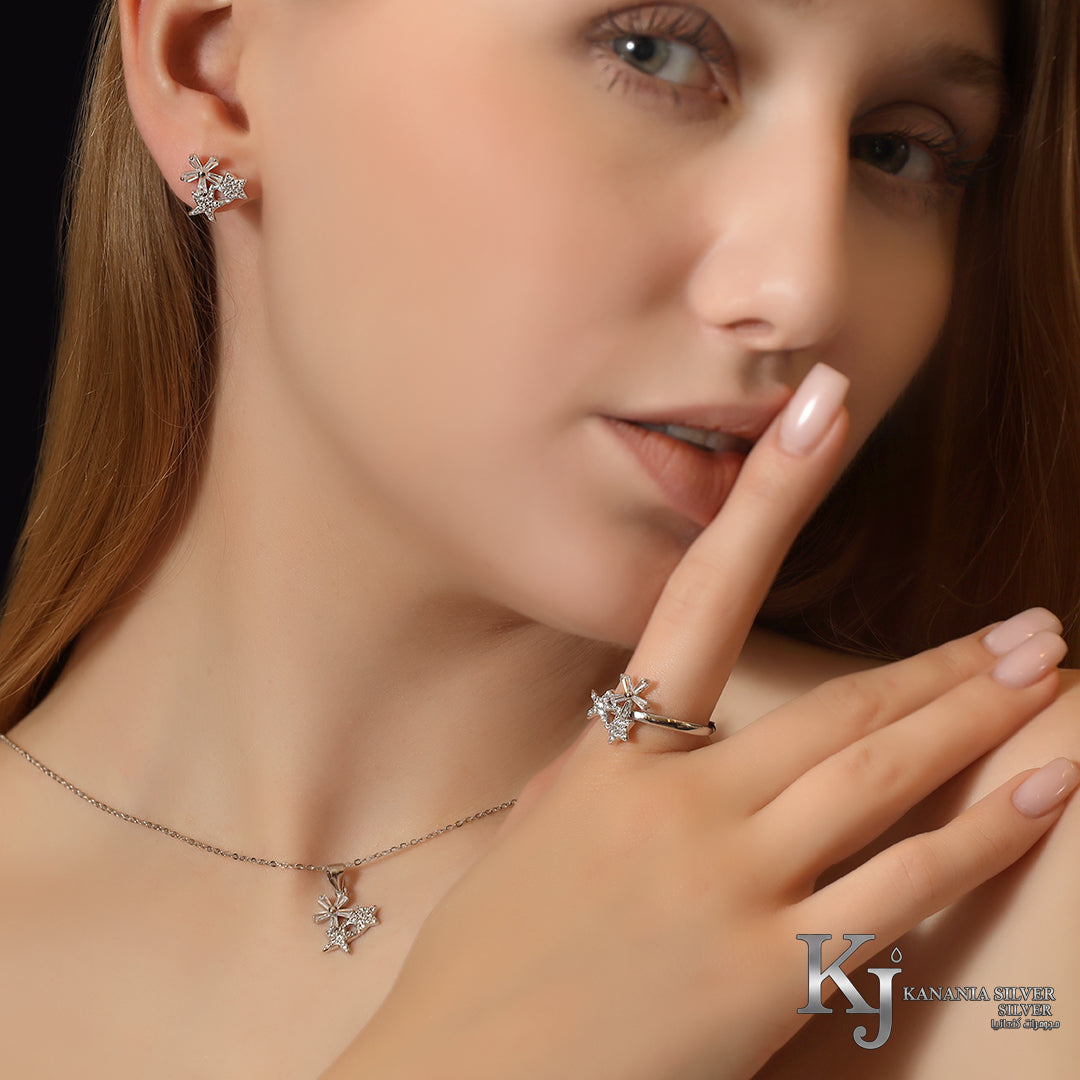 925 Sterling Silver Baguette and Pavé Interlocking Star Jewelry Set – Sparkling Zirconia Celestial Necklace, Stud Earrings, and Ring Complete Set