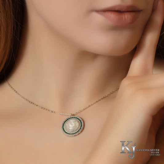 925 Sterling Silver Emerald Green Antique Coin Necklace – Sparkling Zirconia Dual-Halo Vintage Medallion Pendant