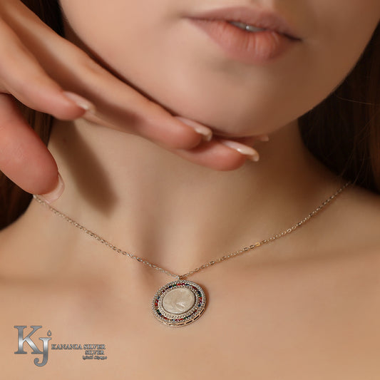 925 Sterling Silver Rainbow Multi-Color Antique Coin Necklace – Sparkling Zirconia Dual-Halo Vintage Medallion Pendant