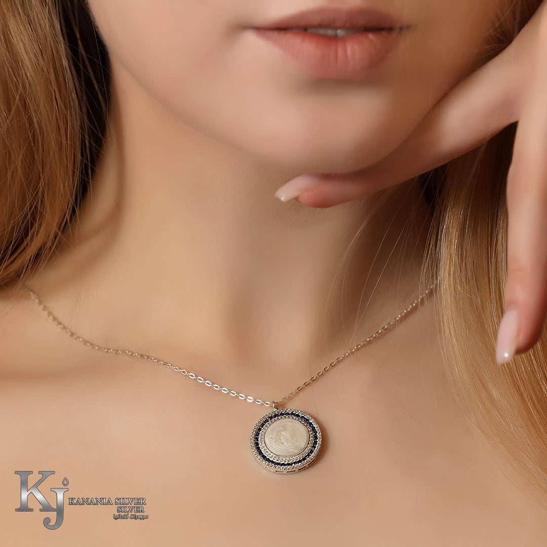 925 Sterling Silver Royal Sapphire Blue Antique Coin Necklace – Sparkling Zirconia Dual-Halo Vintage Medallion Pendant