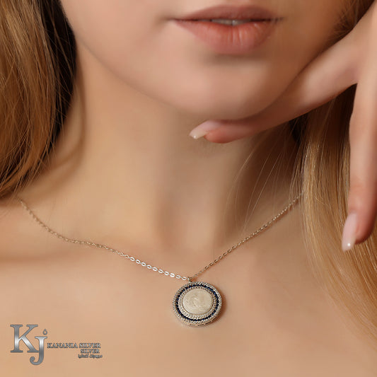 925 Sterling Silver Royal Sapphire Blue Antique Coin Necklace – Sparkling Zirconia Dual-Halo Vintage Medallion Pendant