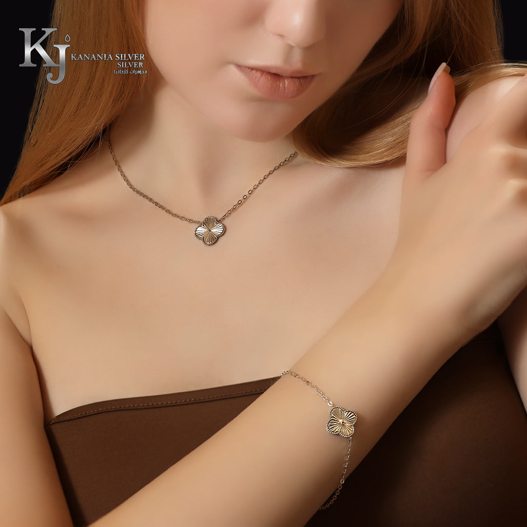 925 Sterling Silver Single Guilloché Clover Jewelry Set – Minimalist Vintage Four-Leaf Lucky Pendant Necklace and Matching Bracelet Set