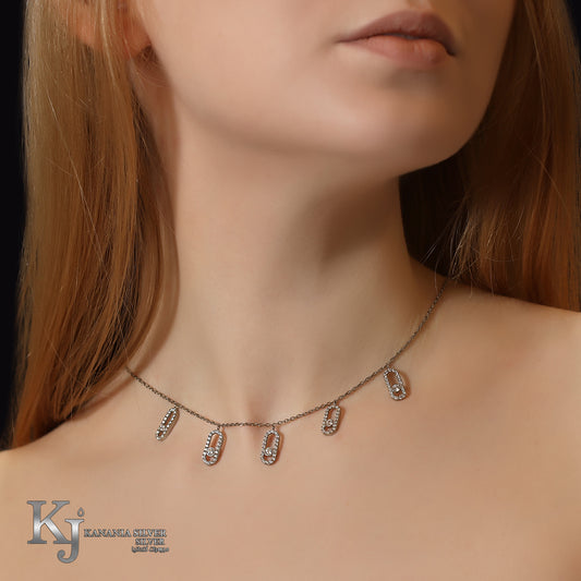 925 Sterling Silver Floating Solitaire Motion Station Choker – Sliding Zirconia Crystals Oval Charm Multi-Drop Geometric Necklace