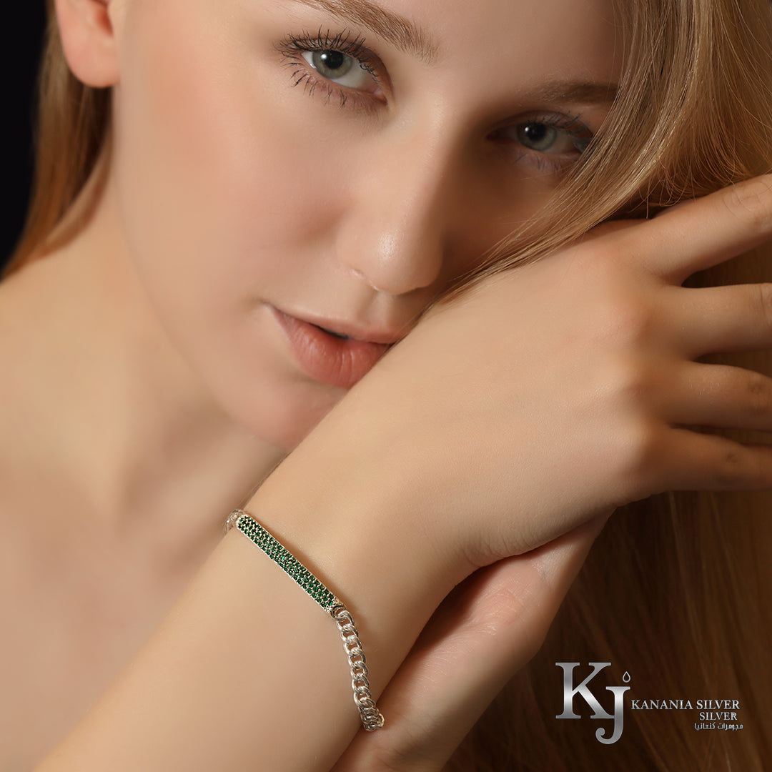 925 Sterling Silver Emerald Green Curved Bar Bracelet – Sparkling Zirconia Pavé Chunky Curb Link Chain Statement Wristlet