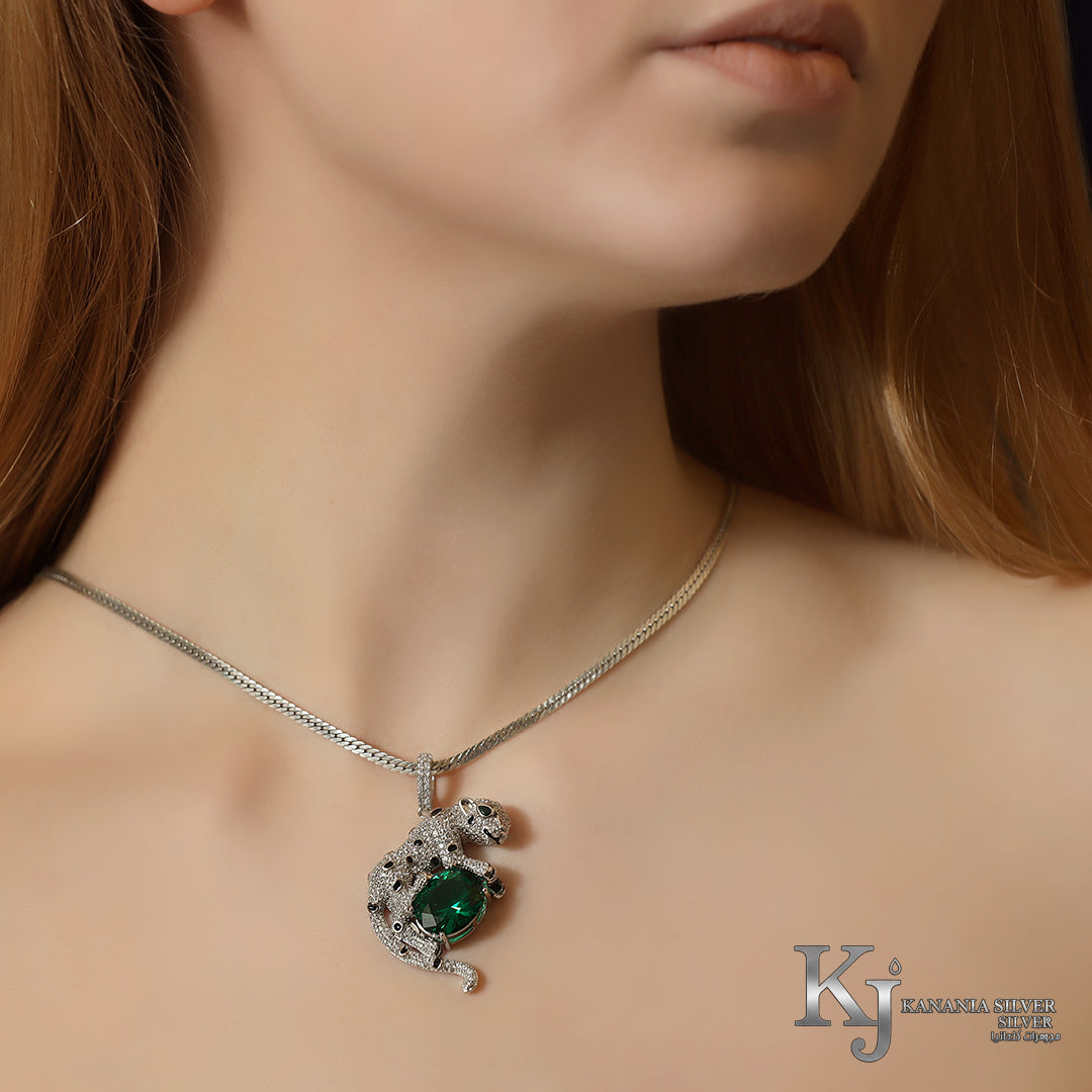 925 Sterling Silver Emerald Green Gemstone Panther Necklace – Sparkling Zirconia Pavé Spotted Leopard Wild Cat Luxury Pendant