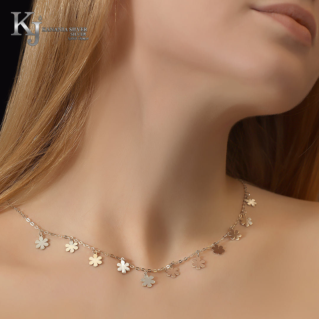 925 Sterling Silver Multi-Flower Station Choker – High-Polish Dangling Tiny Floral Blossom Charm Dainty Statement Necklace