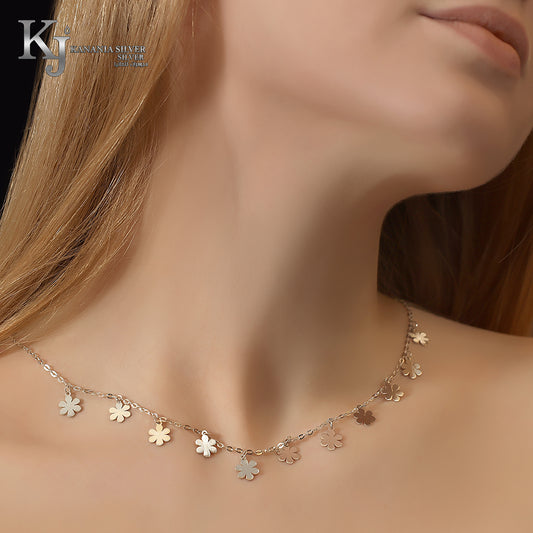 925 Sterling Silver Multi-Flower Station Choker – High-Polish Dangling Tiny Floral Blossom Charm Dainty Statement Necklace