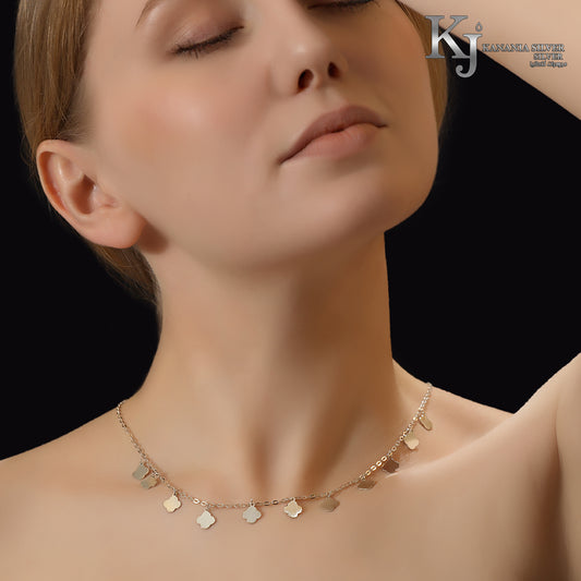 925 Sterling Silver Multi-Clover Station Choker – High-Polish Dangling Tiny Four-Leaf Lucky Charm Dainty Statement Necklace