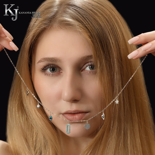 925 Sterling Silver Mixed Icon Enamel Choker – Turquoise and White Enamel Multi-Charm Dainty Star, Heart, and Geometric Token Necklace