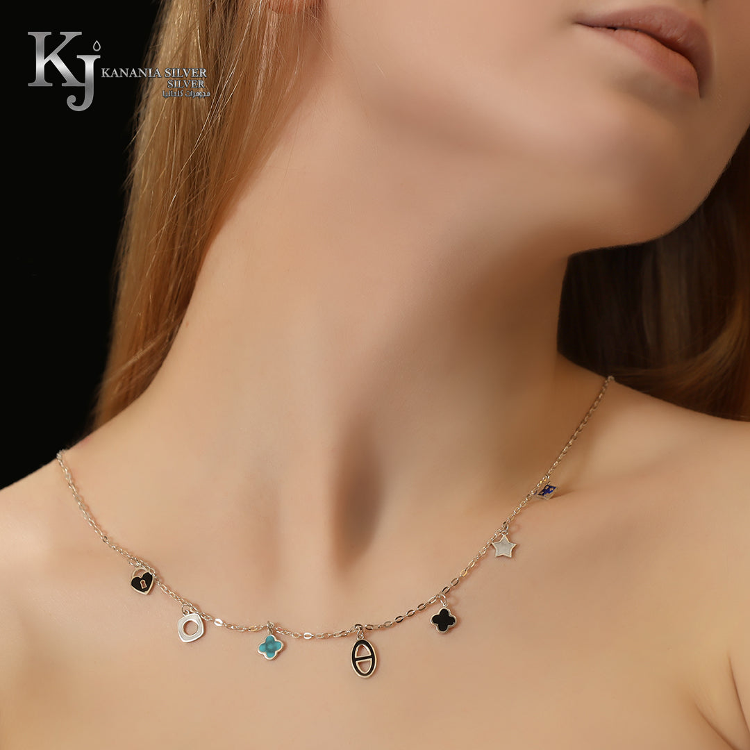 925 Sterling Silver Mixed Icon Enamel Choker – Turquoise and White Enamel Multi-Charm Dainty Star, Heart, and Geometric Token Necklace