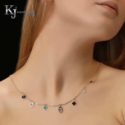 925 Sterling Silver Mixed Icon Enamel Choker – Turquoise and White Enamel Multi-Charm Dainty Star, Heart, and Geometric Token Necklace