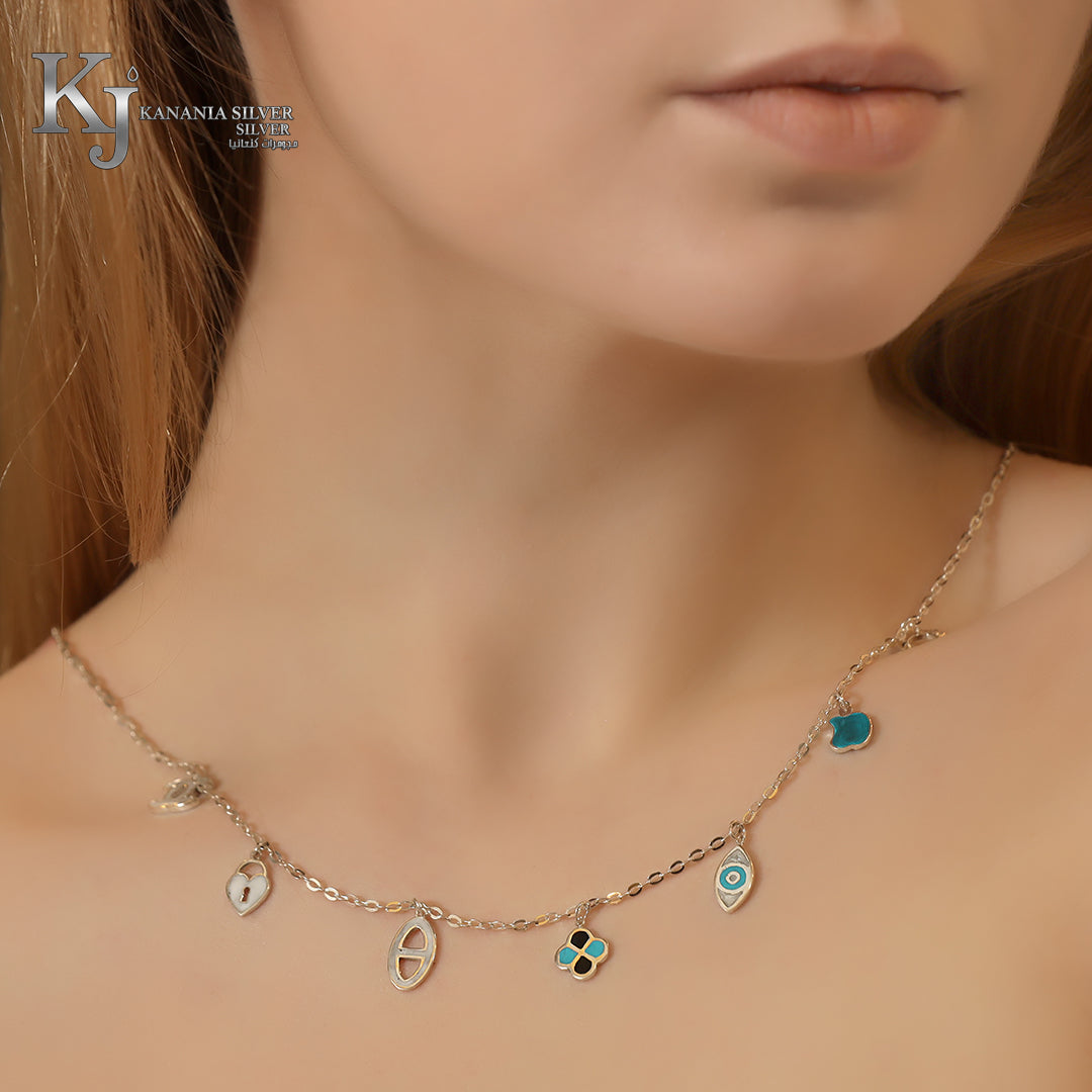 925 Sterling Silver Mixed Icon Colorful Enamel Choker – Turquoise Evil Eye, White Daisy Flower, and Lucky Clover Dainty Necklace