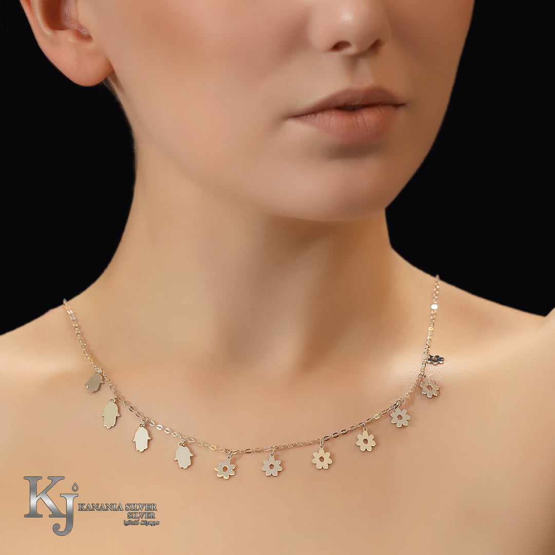 925 Sterling Silver Hamsa and Flower Station Choker – High-Polish Dangling Tiny Lucky Hand and Floral Charm Dainty Necklace