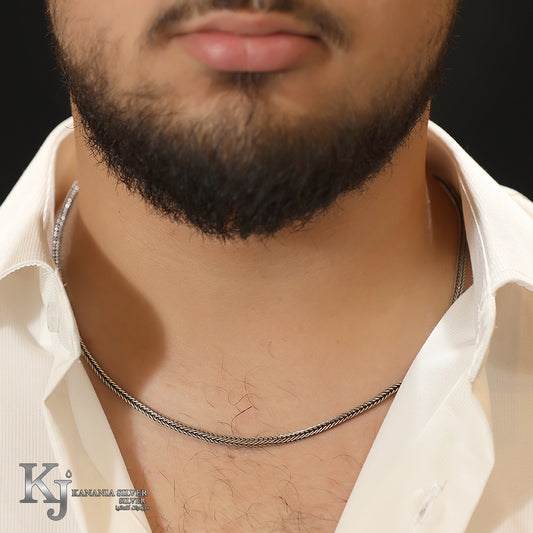 925 Sterling Silver Men’s Medium Spiga Chain – Oxidized Braided Foxtail Woven Wheat Link Masculine Statement Necklace