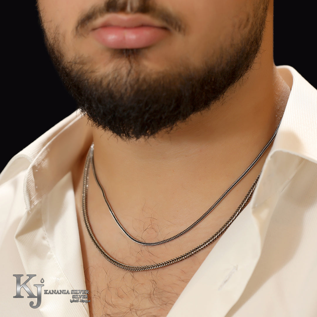925 Sterling Silver Men’s Double Layer Chain Set – Oxidized Braided Spiga and Franco Stacked Masculine Statement Necklace Curation