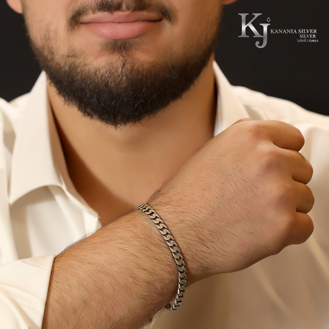 925 Sterling Silver Men’s Classic Cuban Link Bracelet – Oxidized Antique Flat Curb Chain Chunky Masculine Wrist Statement Jewelry