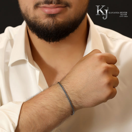 925 Sterling Silver Men’s Slim Foxtail Bracelet – Oxidized Sleek Micro-Braided Spiga Wheat Minimalist Masculine Daily Wrist Jewelry