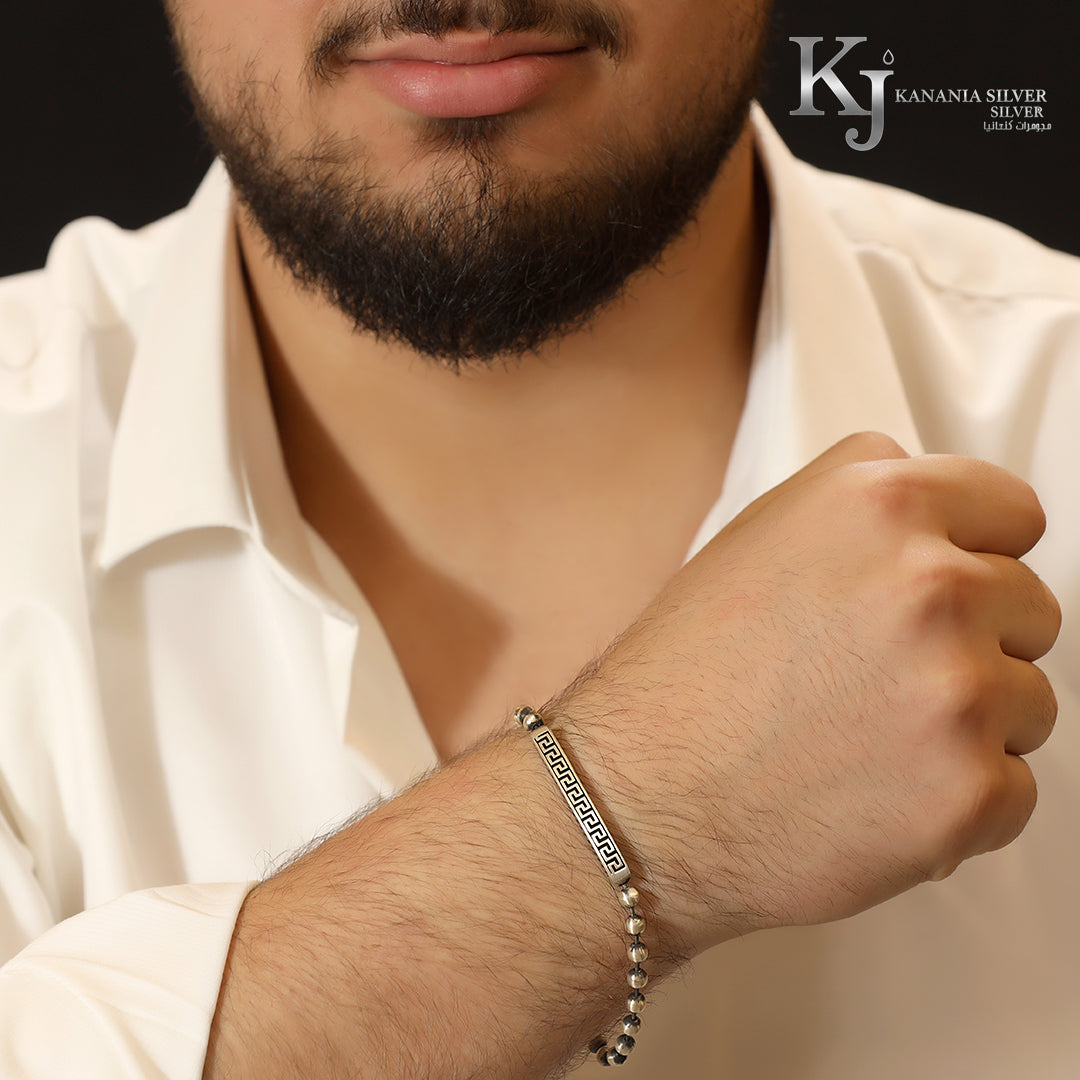 925 Sterling Silver Men’s Greek Key ID Bead Bracelet – Oxidized Antique Meander Bar High-Polish Ball Chain Masculine Wrist Statement Jewelry