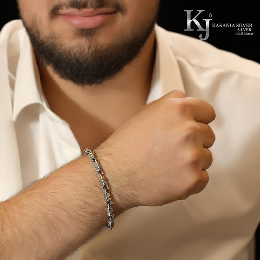 925 Sterling Silver Men’s Greek Key Cylindrical Link Bracelet – Oxidized Antique Meander Bar Executive Masculine Wrist Statement Jewelry