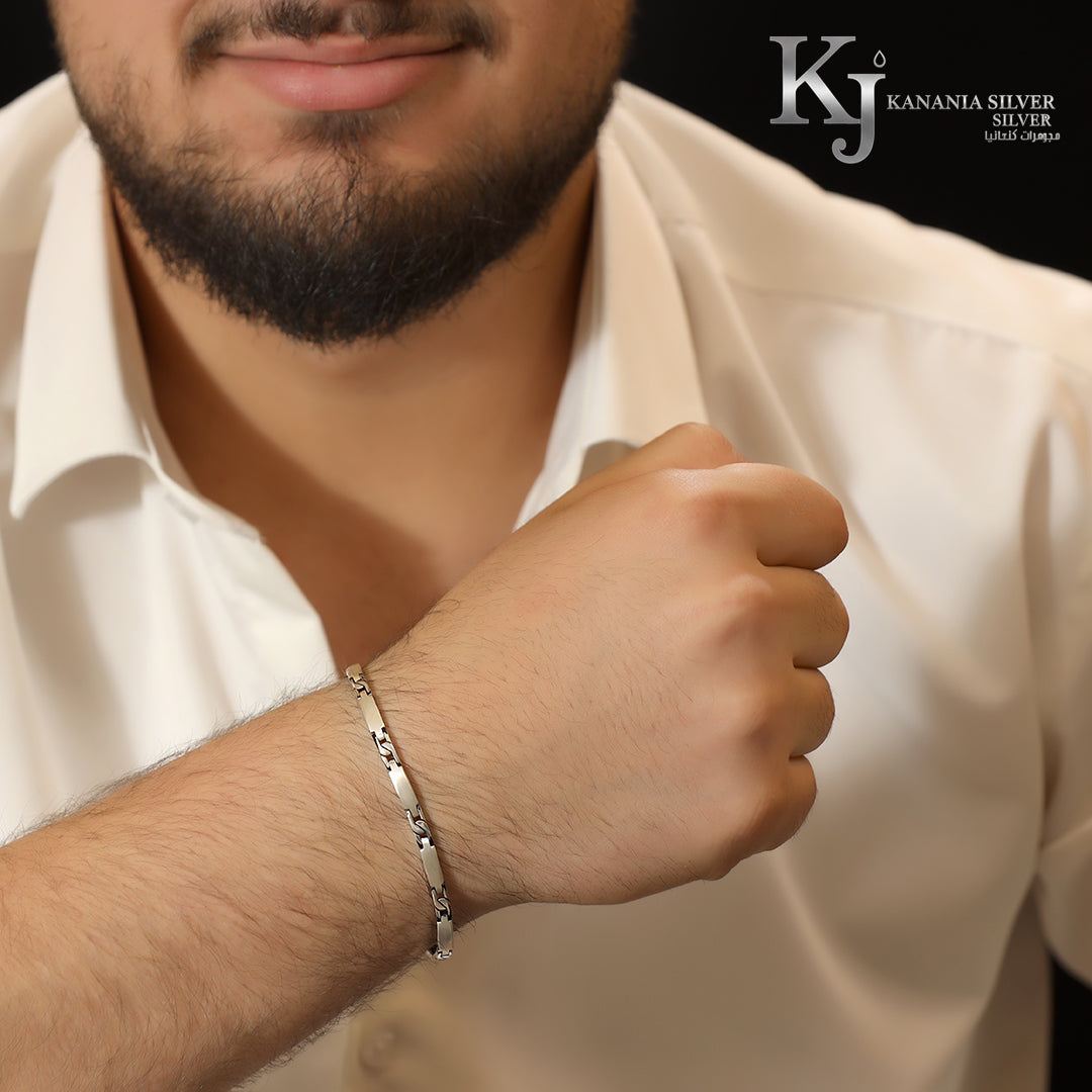 925 Sterling Silver Men’s Alternating Slim ID Bar Bracelet – High-Polish Minimalist Geometric Link Masculine Everyday Wrist Jewelry