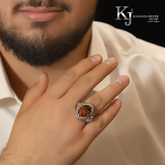925 Sterling Silver Men’s Suleimani Agate Ring – Luxury Oval Brown Banded Gemstone Micro-Pave CZ Oxidized Masculine Signet Ring