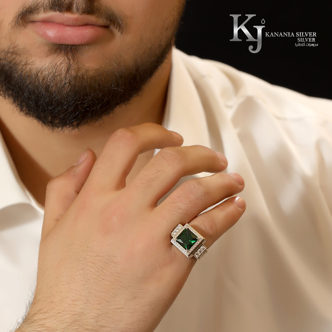925 Sterling Silver Men’s Green Emerald Ring – Luxury Princess-Cut Square Gemstone Micro-Pave CZ Executive Masculine Signet Ring