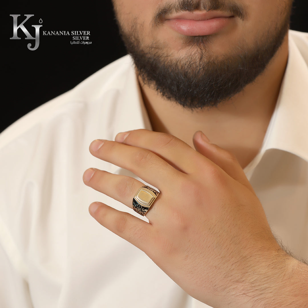 925 Sterling Silver Men’s Flat Rectangle Shield Ring – Luxury All-Metal High-Polish Engraved Oxidized Filigree Masculine Signet Ring