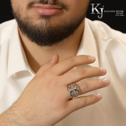 925 Sterling Silver Men’s 3D Cross-Shield Ring – Luxury Geometric Architecture Paved White CZ Oxidized Masculine Signet Ring