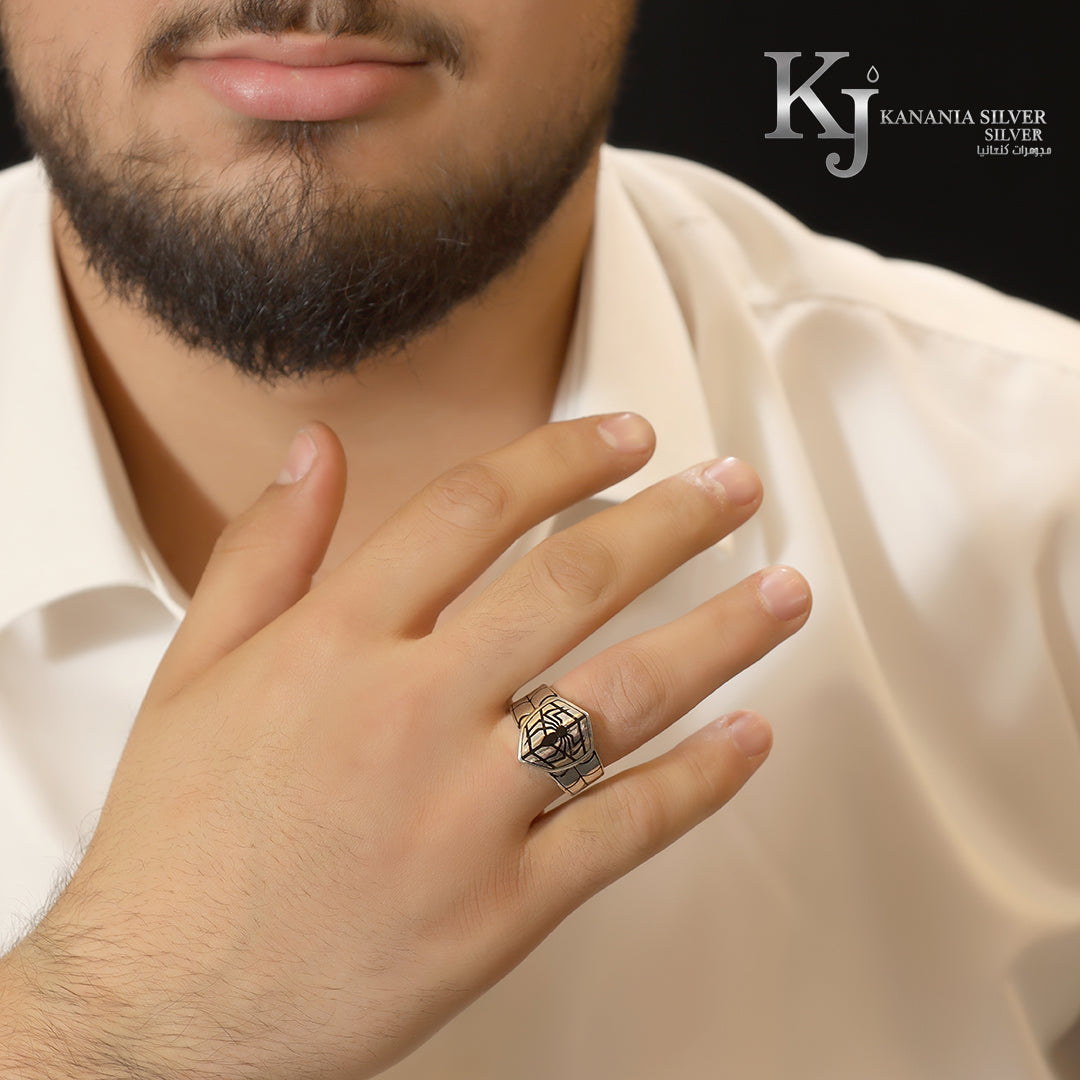 925 Sterling Silver Men’s Spider Web Shield Ring – Luxury Gothic Antique Oxidized Animal Talisman Masculine Urban Streetwear Signet Ring