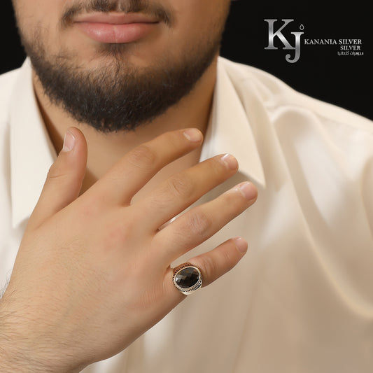 925 Sterling Silver Men’s Faceted Black Agate Ring – Luxury Oval Onyx Stone Greek Key Border Oxidized Masculine Signet Ring