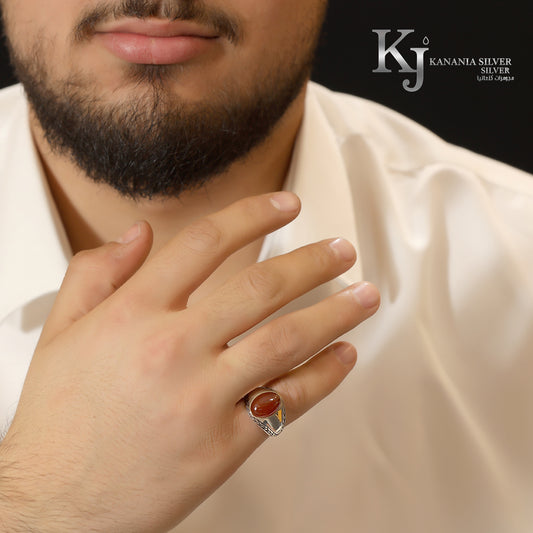 925 Sterling Silver Men’s Yemeni Carnelian Ring – Luxury Oval Liver-Red Agate Genuine Gemstone Antique Oxidized Masculine Signet Ring