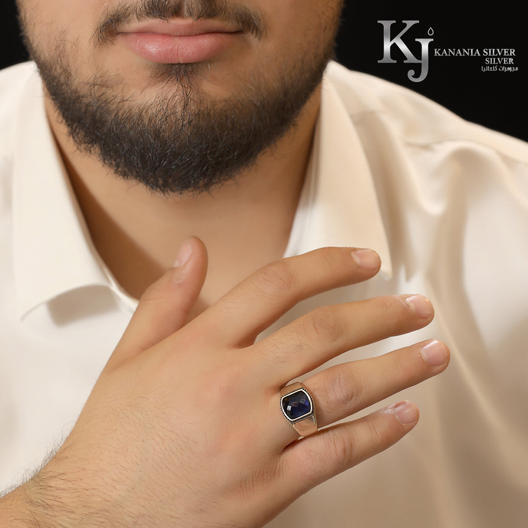 925 Sterling Silver Men’s Royal Blue Sapphire Ring – Luxury Cushion-Cut Faceted Blue Stone Oxidized Rope Border Masculine Signet Ring