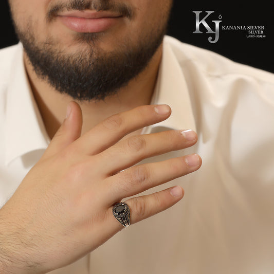 925 Sterling Silver Men’s Marcasite Black Agate Ring – Vintage Oval Onyx Stone Antique Oxidized Detailed Masculine Signet Ring