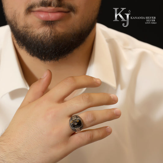 925 Sterling Silver Men’s Cushion Faceted Black Agate Ring – Luxury Checkerboard Onyx Stone Micro-Textured Oxidized Masculine Signet Ring